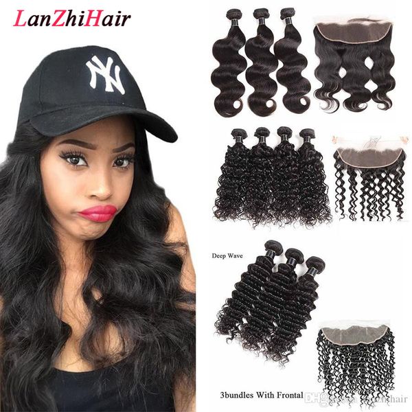 

бразильские волосы плетение связки с 13x4 lace фронтальная прямо объемная волна 3 волос пучки кружева фронтальная закрытие deep water wave с, Black