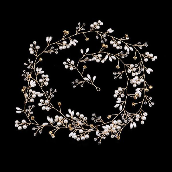 

handmade crystal pearl beads long headband headpiece bridal hairband tiaras wedding hair jewelry accessories bride head chain bh, Golden;white