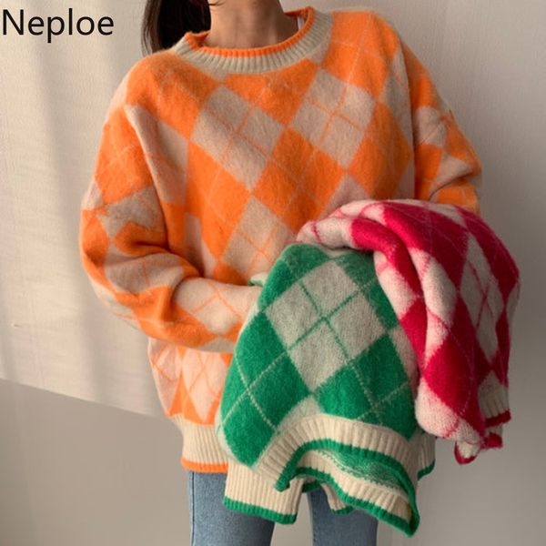 

neploe o neck diamond lattice striped knit sweater long sleeve patchwork contrast color pullover loose pull femme 2019 new 47696, White;black