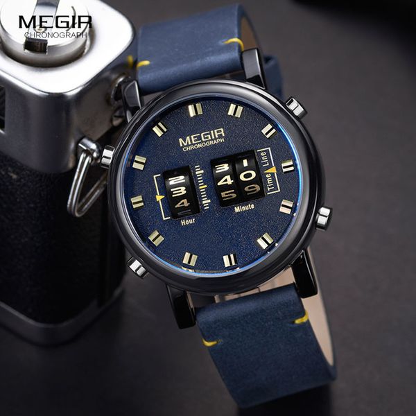 

megir blue leather watch men brand digital quartz watches male luxury waterproof sport clock relogio masculino 2137, Slivery;brown