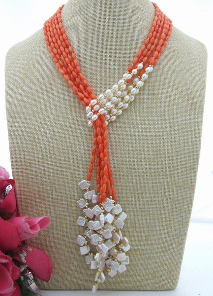 

hand knotted natural 3strands 127cm white keshi freshwater pearl pink red rice coral necklace, Silver