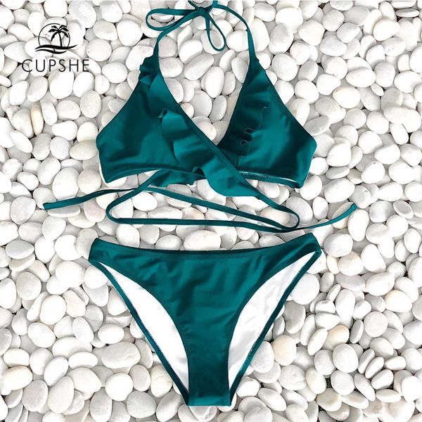 

cupshe green solid ruffled halter bikini sets women thong two pieces swimsuits 2019 girl beach bathing suits