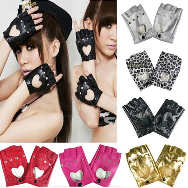 

womens punk leather riding driving biker fingerless mittens dance motorcycle gloves k, Black