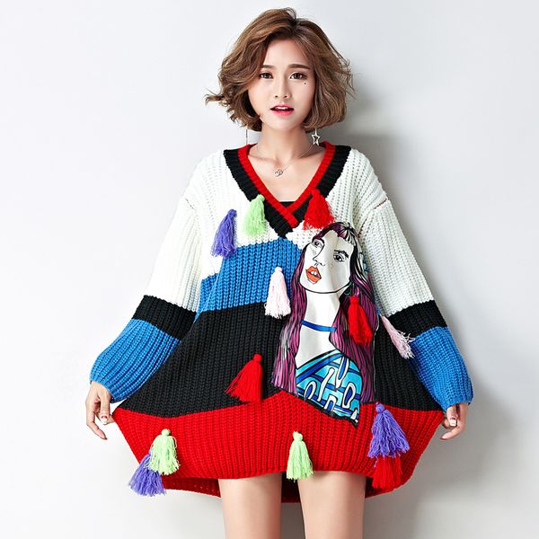 

2018 autumn and winter new style popular brand women's dress mid-length loose-fit contrast color printed applique sweater v-neck, Black;white