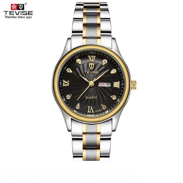 

tevise luxury gold women watch week day date bracelet watches ladies waterproof fashion quartz steel wrist watches montre femme mx200320, Slivery;brown