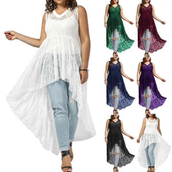 

lace patchwork dress summer women plus size asymmetrical dress solid sleeveless v-neck see-through irregular vestidos, Black;gray
