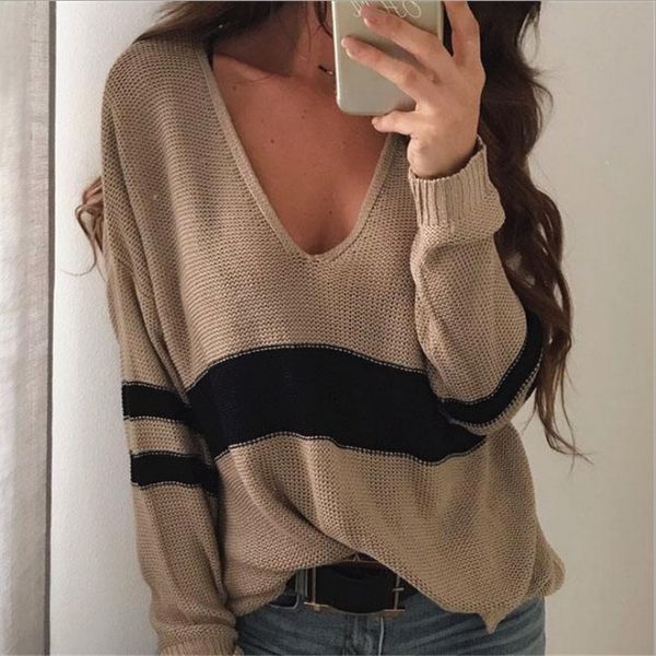 

nibesser women'soff shoulder crop autumn casual long sleeve pullovers streetwear sweater striped stitching v-neck sweaters, White;black