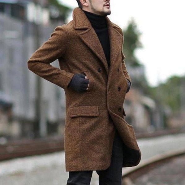 

long jacket men korean winter men's solid color slim long single-breasted woolen trench outwear woolen coat men trench coat, Black