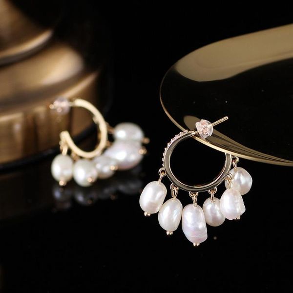 

handmade real freshwater pearl earrings for women hoop earrings baroque 7-9mm white/black pearl fine jewelry, Golden;silver