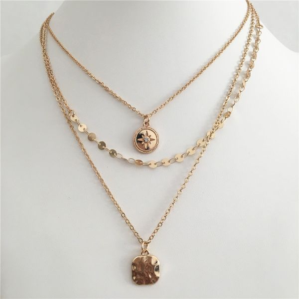 

trendy gold color plating round and square pendant layered necklace for women, Silver
