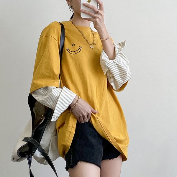 

women's t-shirt [ewq] 2021 spring o neck fake two-piece short sleeve t shirt sweet contrast stitching ladies cotton qx887, White