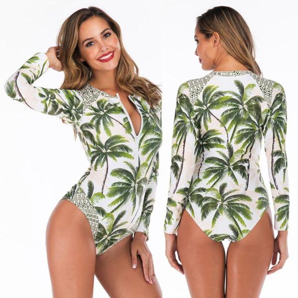 

long sleeve rash guard women swimwear one piece swimsuit floral zipper high neck diving surf suit bodysuit plus size rashguard