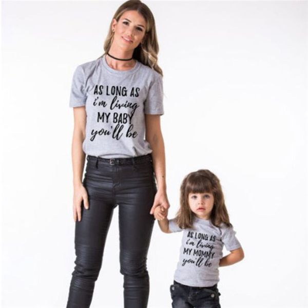 

family look summer t-shirt women mama baby kids matching mother and daughter tshirts clothes tee letter basic blouse, Blue
