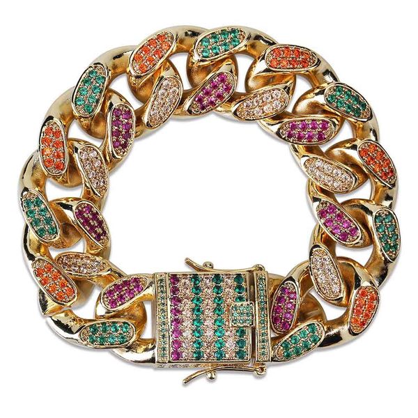 

18k gold & white gold multicolor cz cubic zirconia rainbow mens cuban chain bracelet miami hip hop jewelry curb wristband chains for boys, Black
