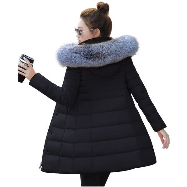 

2019 winter jacket women thick winter coat lady clothing female jackets long parkas fake fur collar parka down cotton jacket, Black