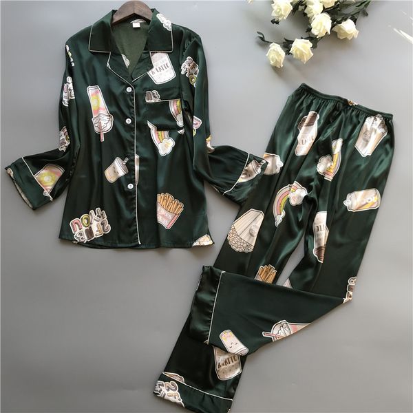 

2019 spring new print womens for pajamas ladies long-sleeved silk home service cardigan pajamas set sleepwear, Blue;gray