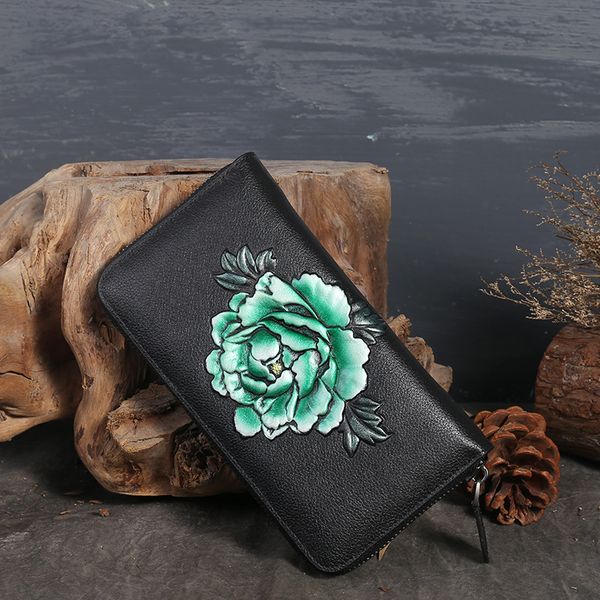 

2019 новый бумажник глава кожа пион рельефная кожа грейфер большой емкости женская длинная сумка, Red;black