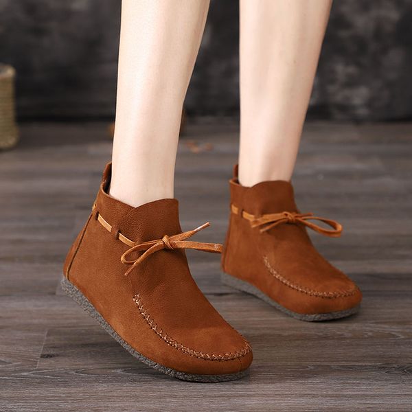 

2019 autumn new flat boots women's shoes nubuck leather round head soft bottom bowtie comfortable ankle boots, Black