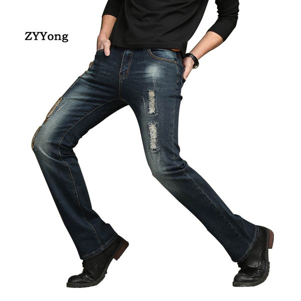 

men's jeans zyyong 2021 four seasons casual bootcut ripped slim flare pants blue black trousers