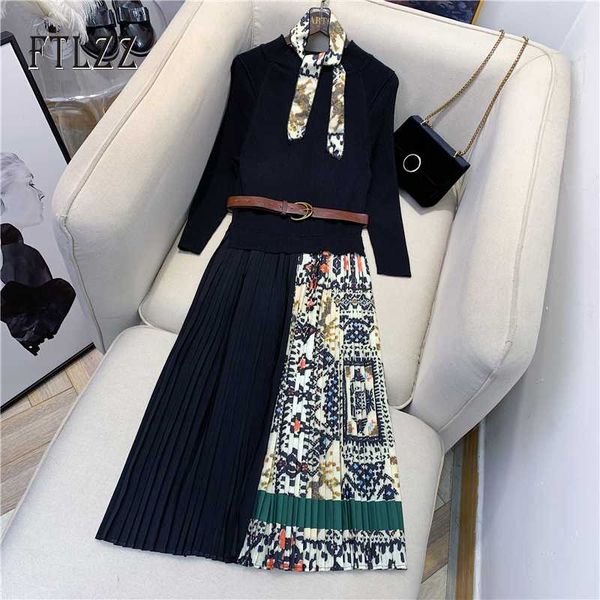 

elegant women dress vestidos new 2020 spring autumn vintage printed patchwork long robe ladies slim with belt pleated dresses, Black;gray