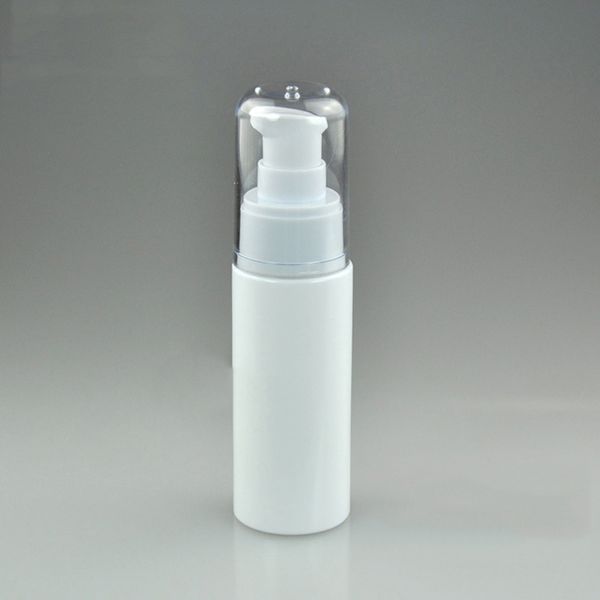 

50ml white plastic pump bottle with clear ps safety cover for liquid cosmetic lotion cream essential oil perfume bottles