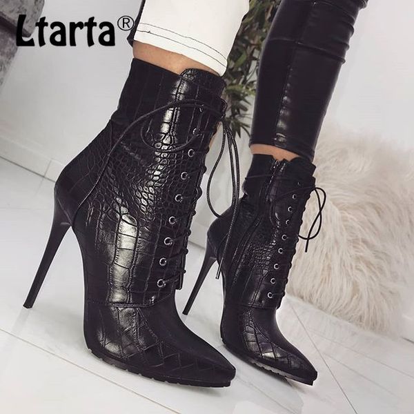 

ltarta boots women's shoes autumn winter pointy tie super high heels women shoes thin heels point toe pu boots zl-335-8, Black