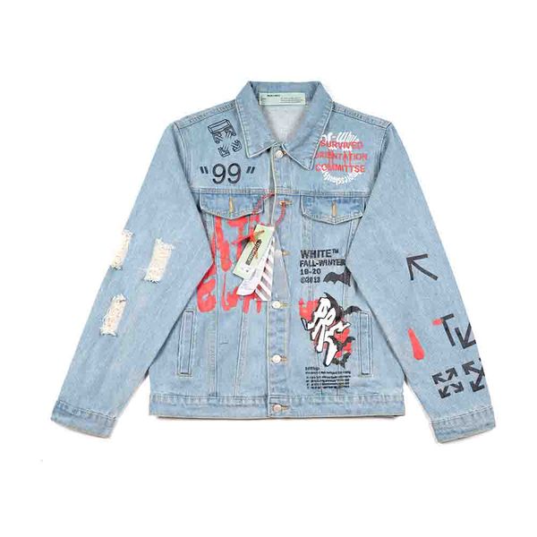 

new designer mens luxury fashion denim jacket off street brand hip hop holes destroyed letters geometric print light blue denim jackets, Black;brown
