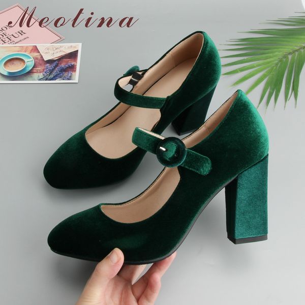 

meotina velvet shoes women pumps high heels ladies mary jane shoes buckle black thick heels 2019 fashion footwear big size 34-43