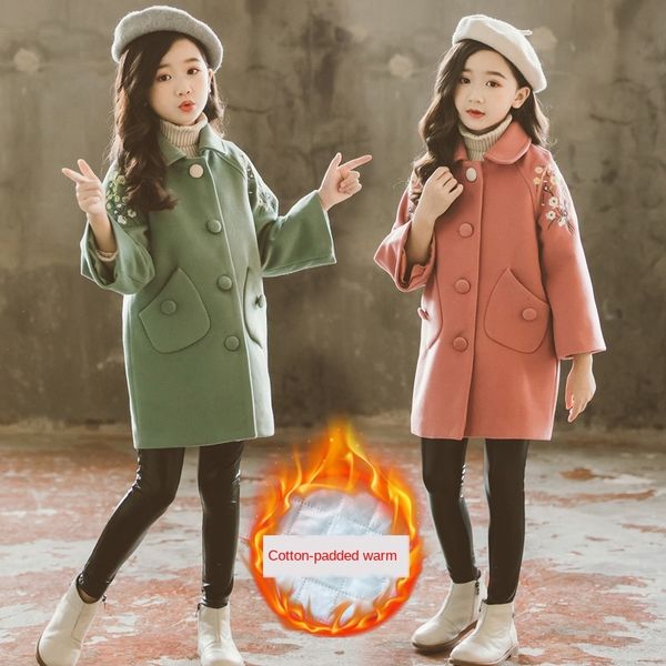 

2020 winter girls en children's foreign style coat wool wool winter clothes women's big children's cotton woolen coat, Blue;gray