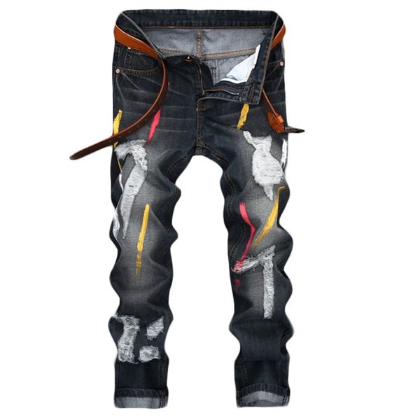 

2020 men's jeans printed with hole washed casual skinny denim jean for man 100% cotton paintr hip hop biker pants, Blue