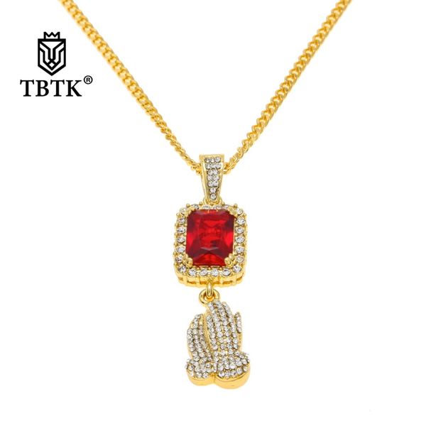 

tbtk praying hands and square red gem pendant paved bling crystal rhinestones jewelry hollow beautiful pendant necklace, Black