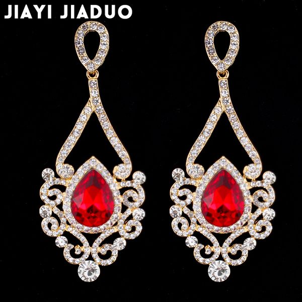 

jiayijia luxury crystal long earrings for women rhinestone gold color red hanging earrings fashion wedding jewelry drop shipping, Golden