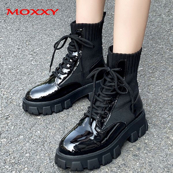 

2019 new winter army combat boots women lace up gothic black sock platform boots leather ankle women shoes botas mujer