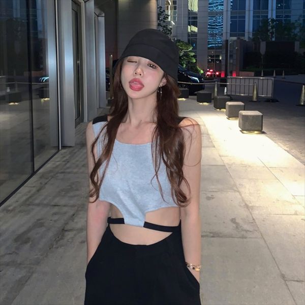 

sense t-shirt vest of design scheming gray black stitching straps slim navel all-match t-shirt summer 2020 vest, White