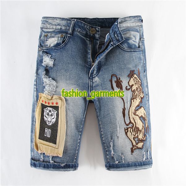 

2019 new summer denim pants hole mens straight shorts mens slim embroidery denim shorts mens stylist fashion shorts bue, Blue