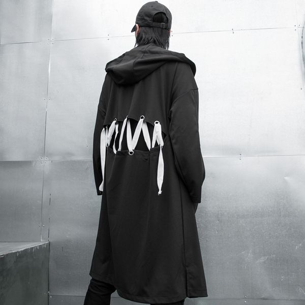 

men autumn long shawl hooded trench jacket male streetwear hip hop punk cardigan coat ribbon windbreaker outerwear stage clothes, Tan;black