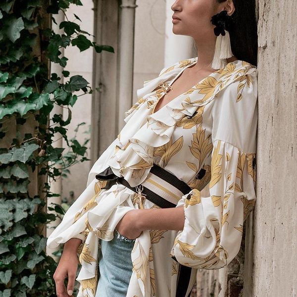 

suit-dress printing shirt v lead blouse, Black;brown