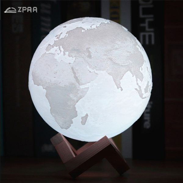 

3d print earth night light with wooden stand 2/16 colors lights,touch switch / remote control bedside nightlight home decoration