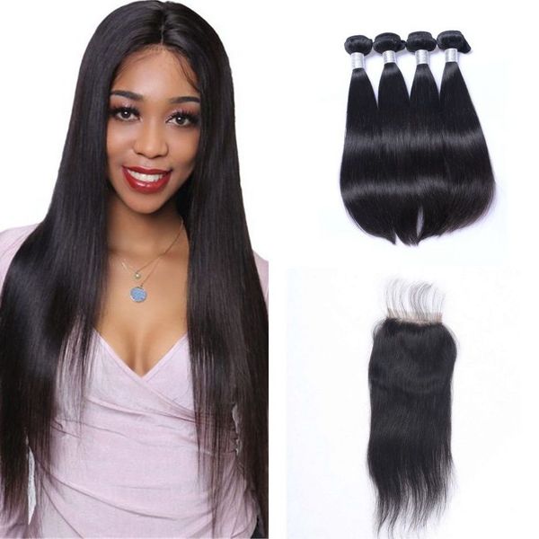 

virgin indian human hair bundles with closure 10-26 inch straight hair extensions 4 bundles with closure 4x4 lace, Black;brown