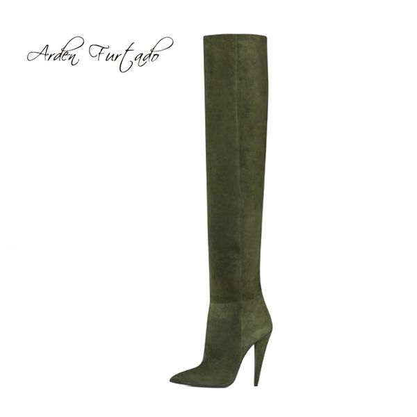 

arden furtado 2018 autumn winter fashion cone heels high heels 10cm black green suede knee high pleated boots women's shoes