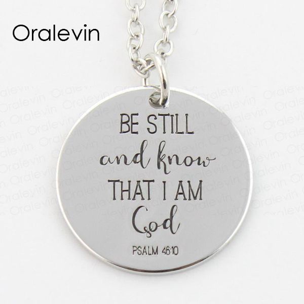

be still and know that i am god inspirational hand stamped engraved charm pendant chain necklace jewelry 18inch,22mm, #ln390, Silver