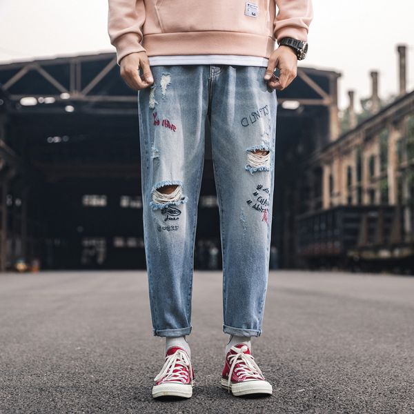 

ink g cattle men's fashion in 2019 ripped jeans motorcycle fitness wear jeans new fashion men's style high-end quality, Blue