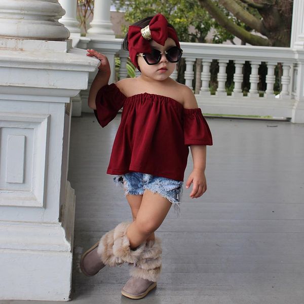 

2020girls clothing set baby girl clothes summer fashion one shoulder shirts+ripped jeans+headband 3pcs/sets girls outfits bb301, White