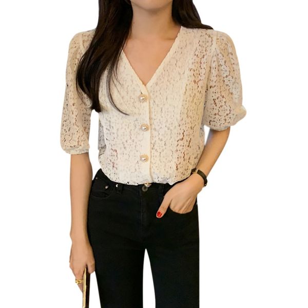

2020 fashion women shirt hollow out blouse v-neck short sleeve office lady white elegant female shirts hot