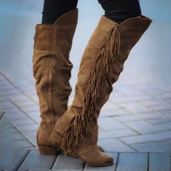 Botas Mujer frauen Mode Rom Fringe Über Das Knie Lange Stiefel Quadratische Fersen Schuhe zapatos de mujer winter stiefel frauen 30