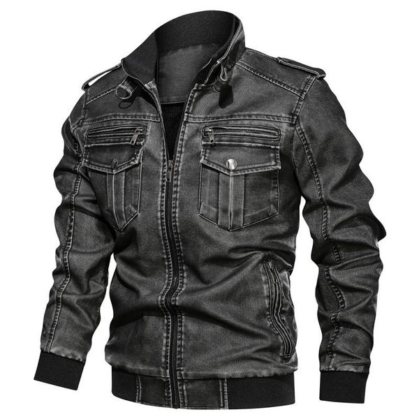 

2019 autumn winter solid color men dual-pocket leather jacket, Black