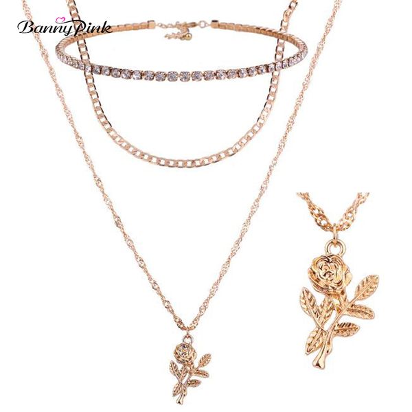 

banny pink cute alloy rose pendant choker necklace elegant rhinestone choker collar 2 pieces metal chain choker fashion jewelry, Silver