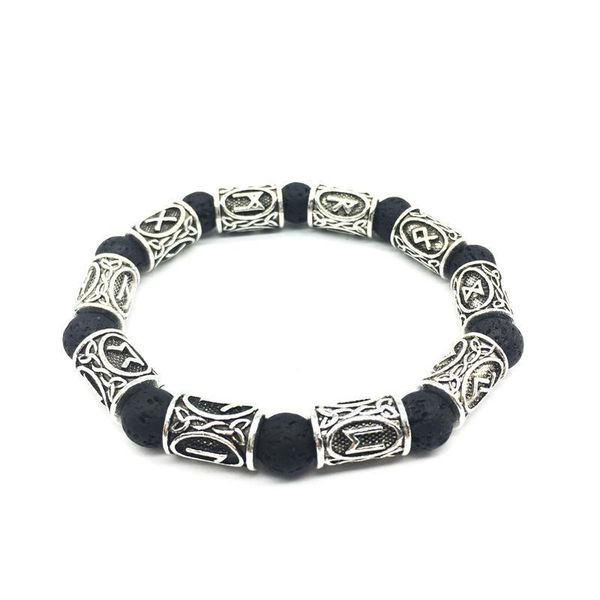 

10mm stone bracelet vintage antique silver beads bracelets viking rune alloy norse jewelry for women men bracelet, Black