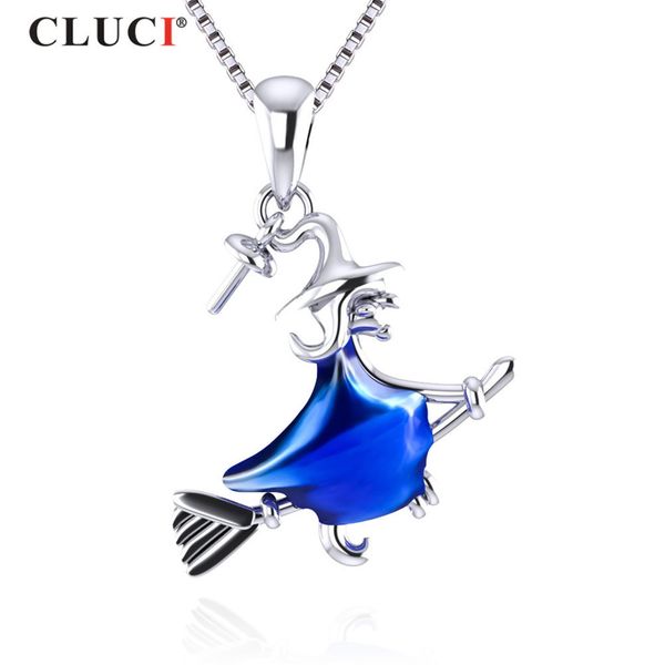 

cluci 925 sterling silver blue color witch pendant & necklace can stick pearl for women pearl pendant jewerly