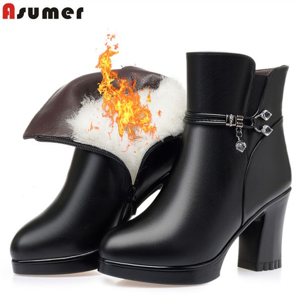 

asumer 2020 new winter boots zip keep warm snow boots high heels platform sheep wool ankle for women big size, Black